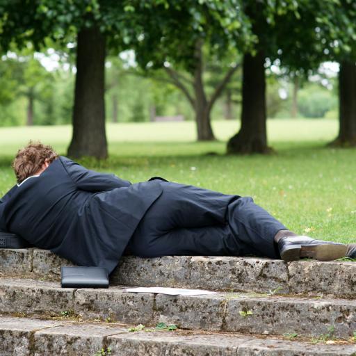Ein Mann liegt auf dem Rasen und begeht Arbeitszeitbetrug, obwohl er arbeiten müsste.