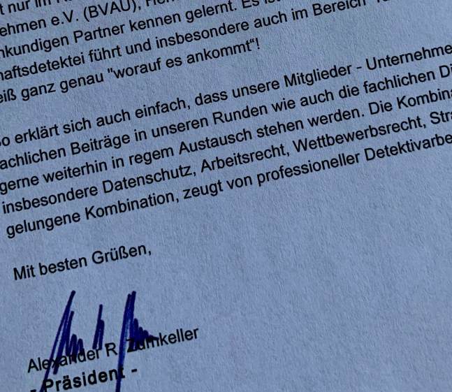 Referenz vom Bundesverband der Arbeitsrechtler in Unternehmen BVAU Empfehlungsschreiben des BVAU e.V.