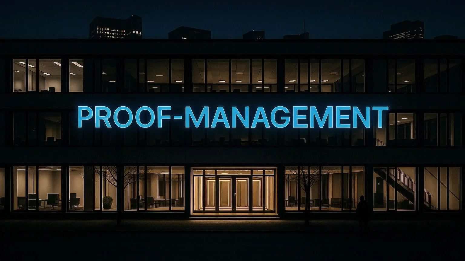 Gebäude Detektei PROOF-MANAGEMENT Ein gebäude bei Nacht mit sichtbarer Innenbeleuchtung der Büroräume