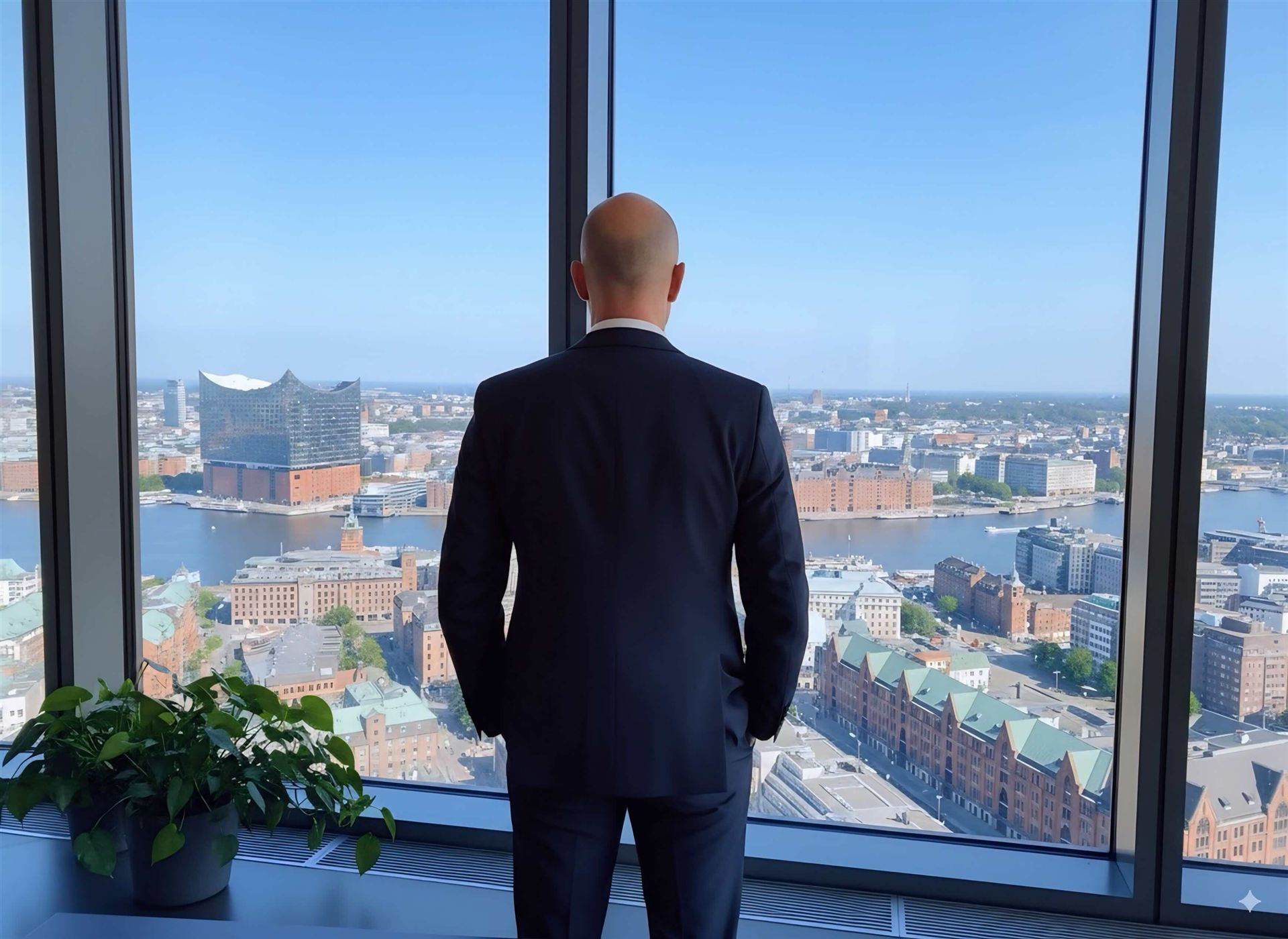 Detektiv Paul Malberg steht in einem Hochhaus am Fenster und schaut über Hamburg