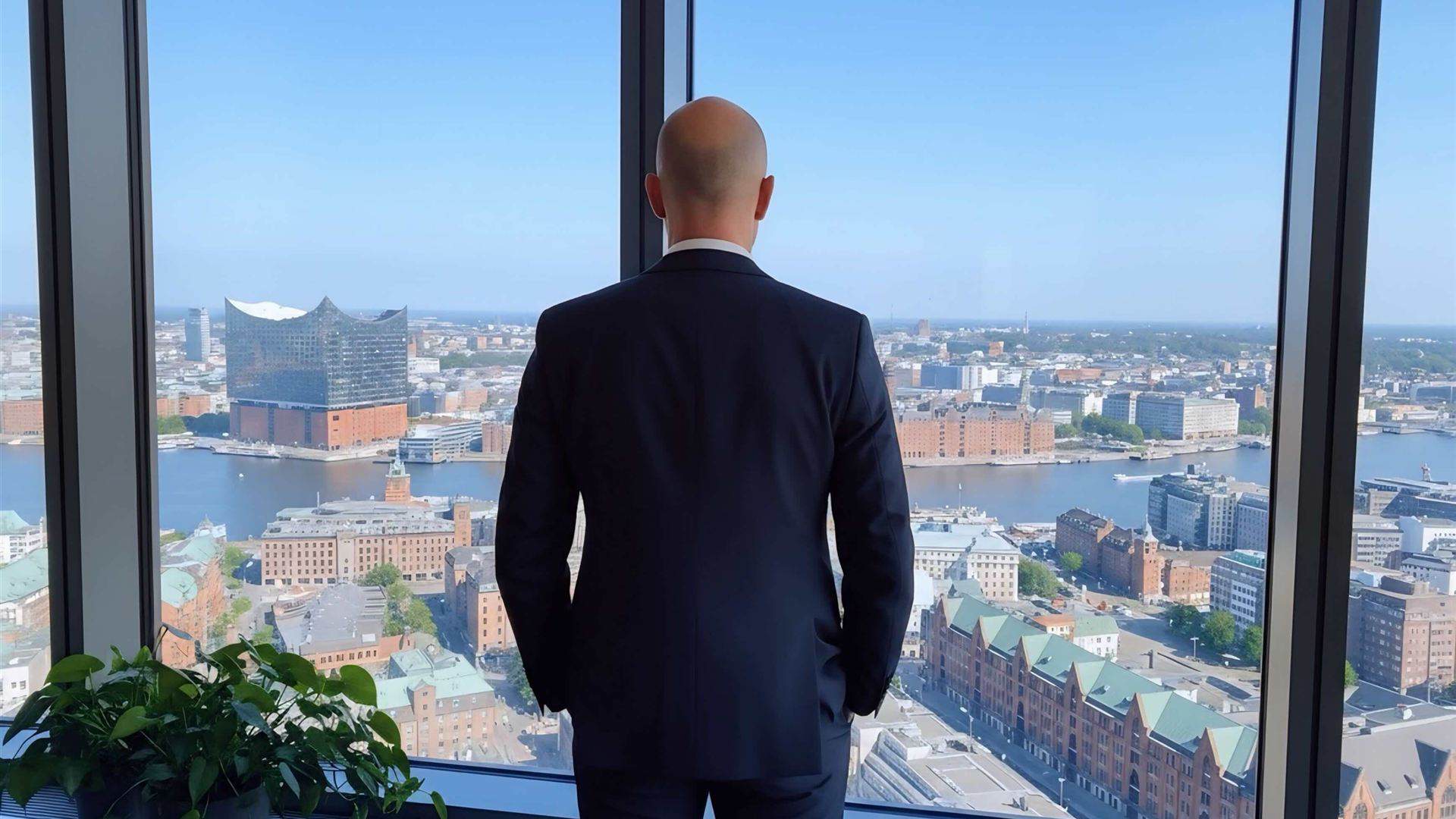 Detektei PROOF-MANAGEMENT Neuer Wall 80 Hamburg Detektiv Paul Malberg steht in einem Hochhaus am Fenster und schaut über Hamburg