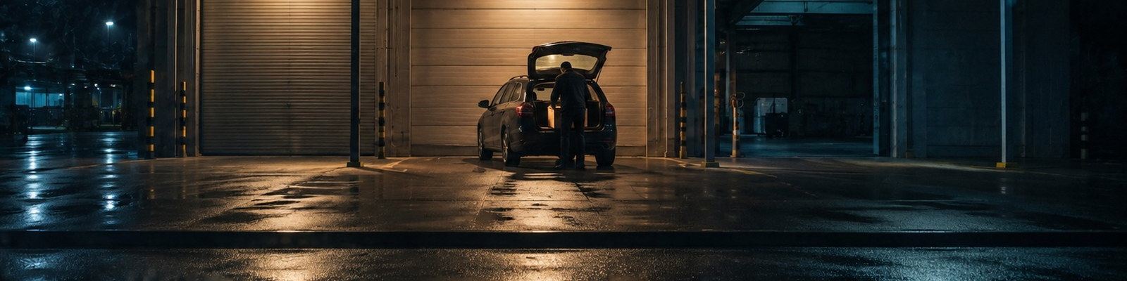 Ein Mann am ge&ouml;ffneten Heck eines Kombis vor einer Verladerampe bei Nacht