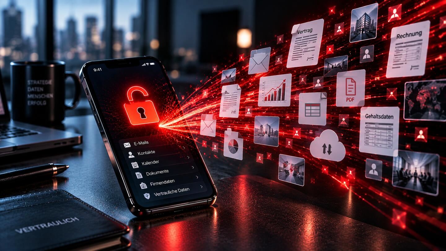 Gehacktes Smartphone mit geöffnetem Schloss, aus dem E-Mails, Verträge und Firmendaten abfließen