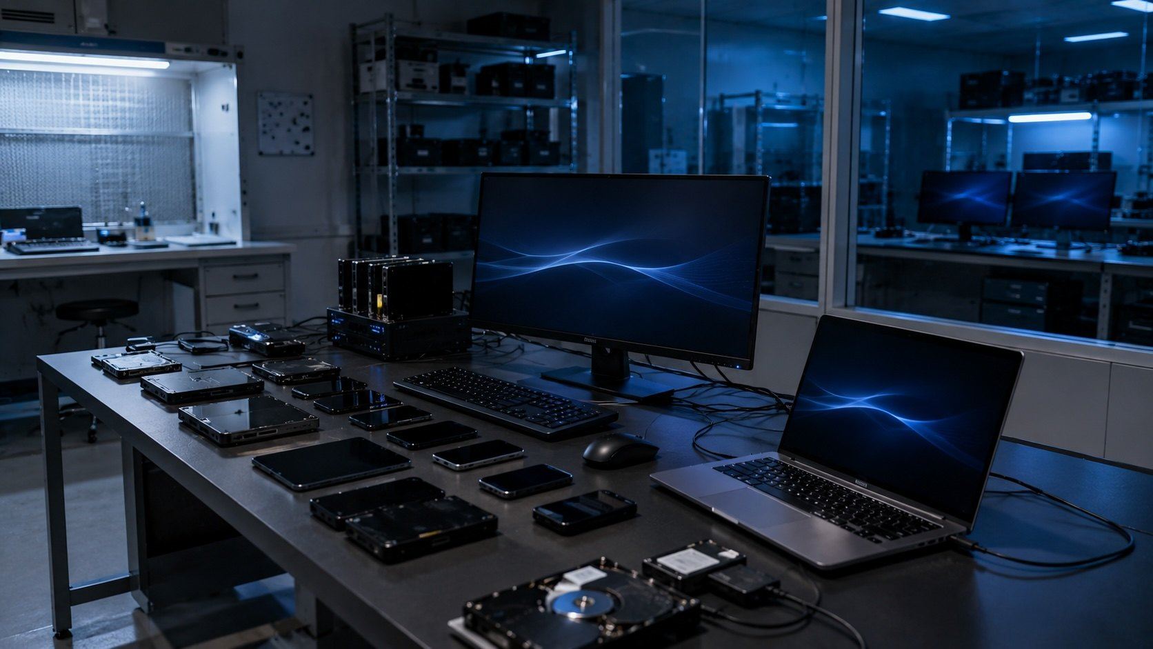 Arbeitsplatz der IT-Forensik mit Festplatten, Mobilger&auml;ten und Auswertungsrechnern
