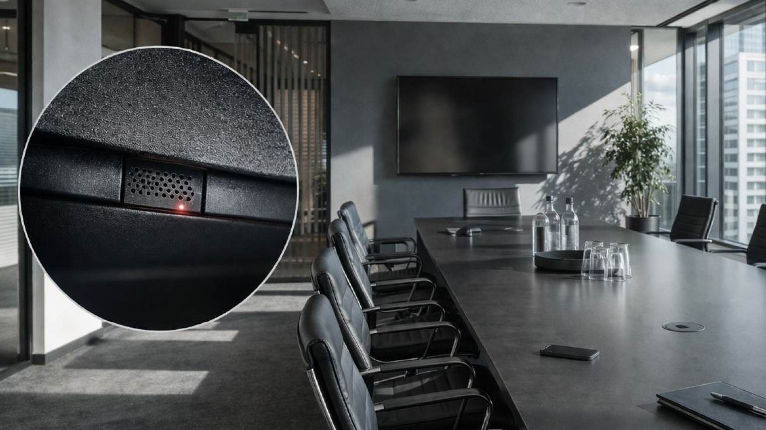 Büro mit Tisch und Fernseher, Zoom auf eine Stelle, wo Abhörelektronik versteckt ist.