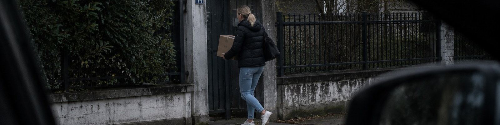 Eine Frau mit einem Paket vor dem Eingang eines Wohnhauses, beobachtet aus einem Fahrzeug heraus