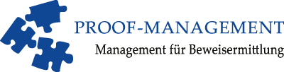 Logo von PROOF-MANAGEMENT: blaue Puzzleteile und der Schriftzug PROOF-MANAGEMENT, Management für Beweisermittlung