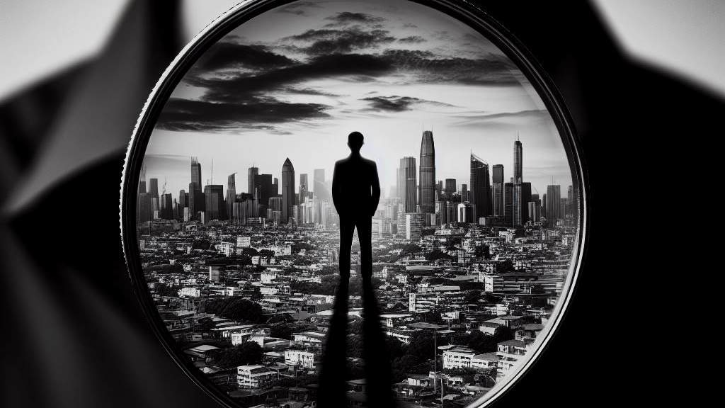 Schuldnersuche und Adressrecherche Eine Lupe, durch die eine Stadt und eine Person zu sehen ist.