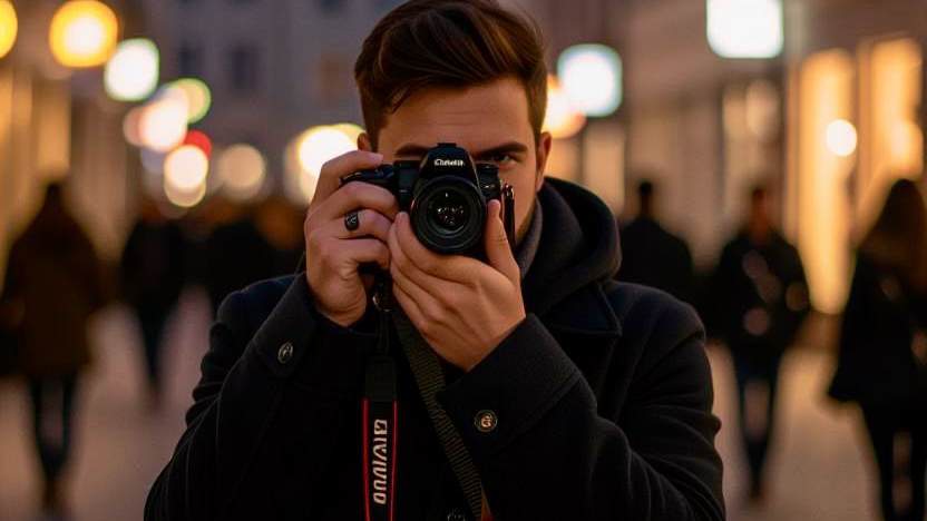 Ein Detektiv steht auf einer belebten Straße und fotografiert