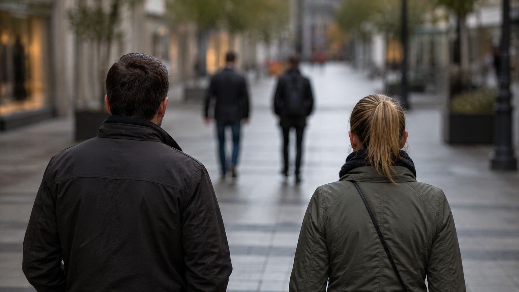 Zwei Ermittler beobachten in einer Fu&szlig;g&auml;ngerzone zwei vorausgehende Personen