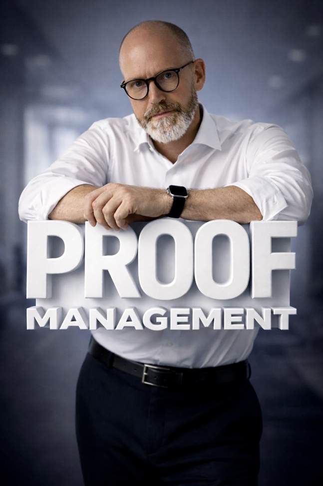 Detektiv Paul Malberg von der Detektei PROOF-MANAGEMENT hinter dem Schriftzug von PROOF-MANAGEMENT