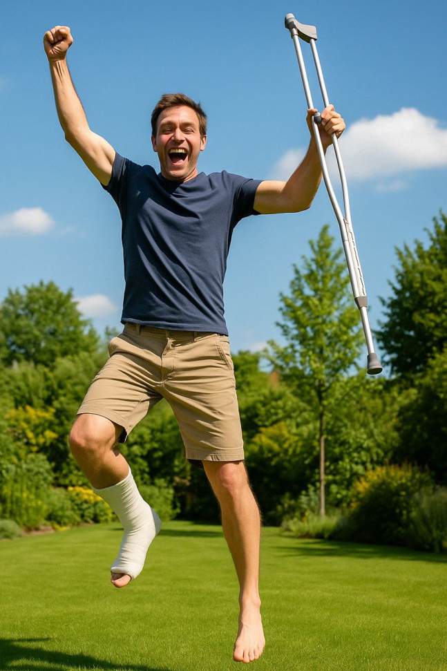 Vorgetäuschte Krankheit EIn Mann mit Gips und Krüken springt vor Freude in die Luft bei schönem Wetter