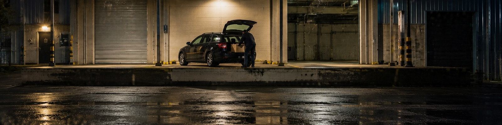 Ein Mann am ge&ouml;ffneten Heck eines Kombis an einer beleuchteten Laderampe bei Nacht